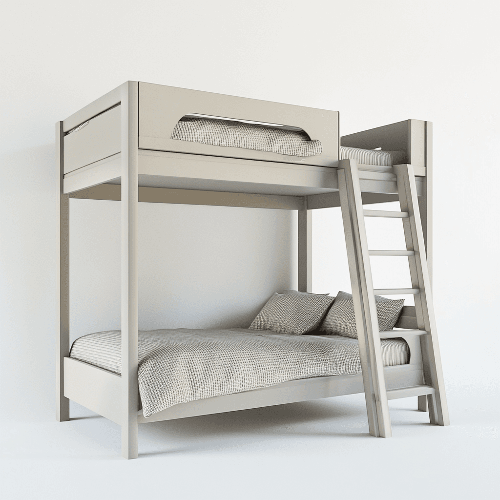 Doppelbett mit L-förmiger Aufbaustruktur, bestehend aus Ober- und Unterbettsystem für mehrere Personen.