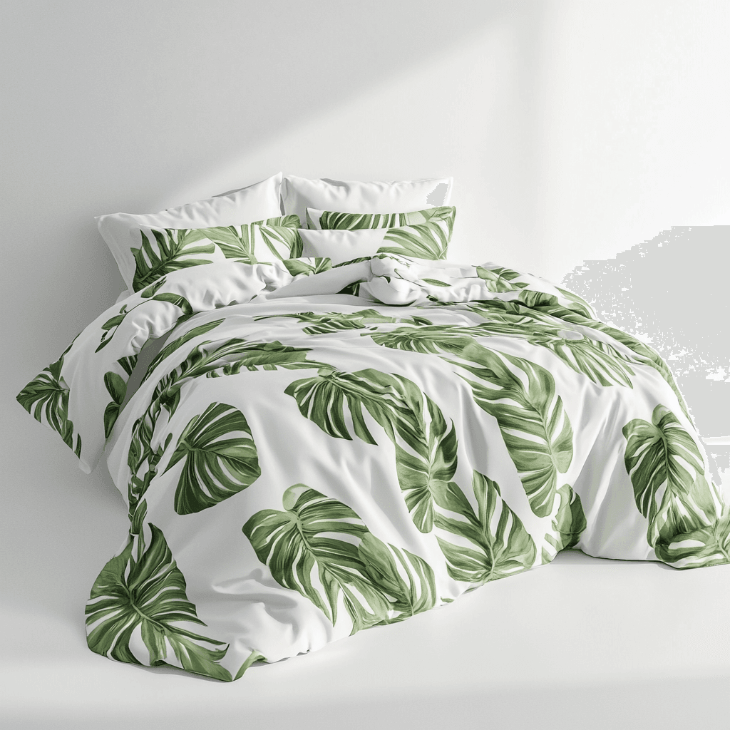 Ein Bett mit weißem Bettbezug, der mit grünen Blättern bedruckt ist. Es gibt mehrere Kissen und eine Decke.