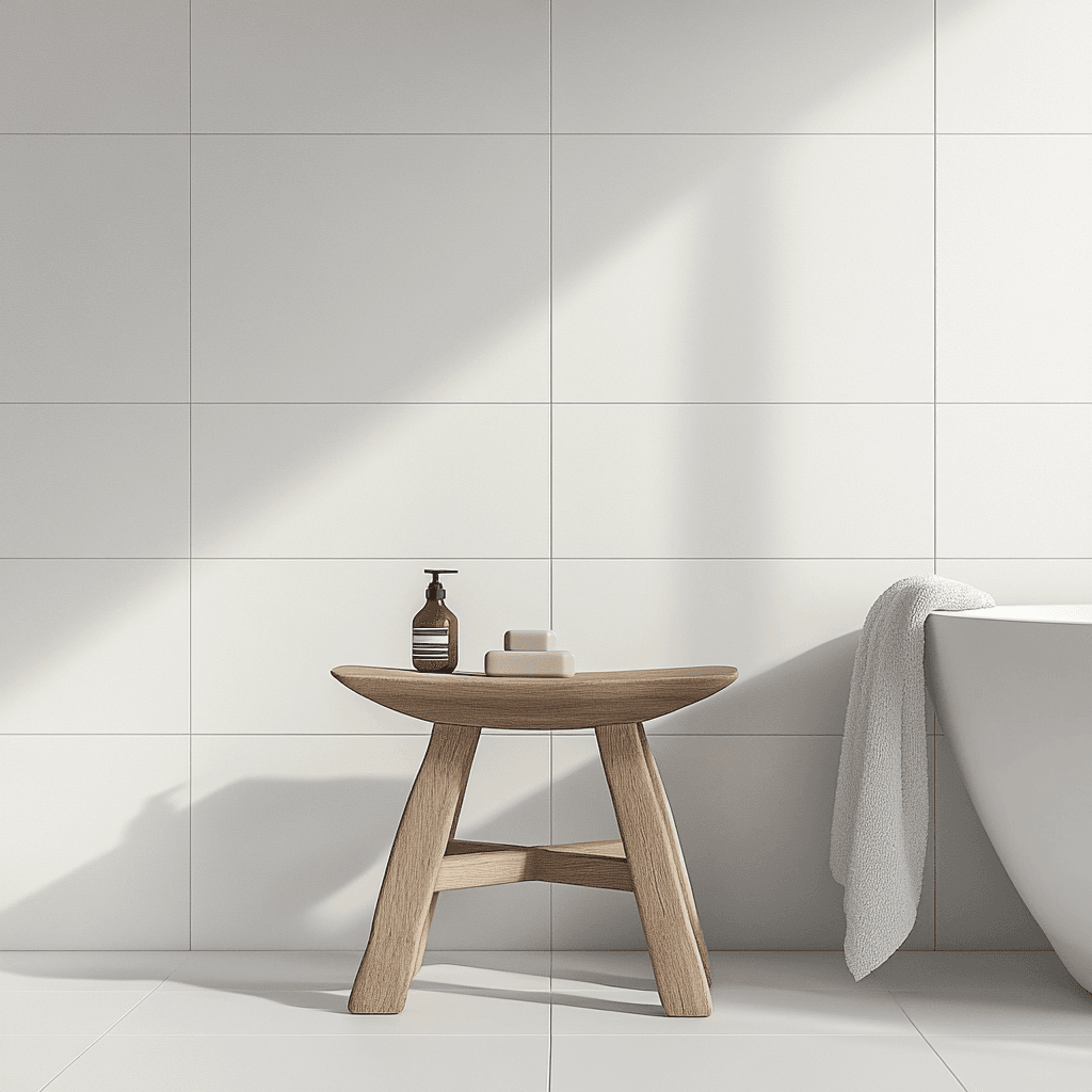 Ein modernes Badezimmer mit weißer Badewanne, kleinen Holztischchen und Handseife darauf.