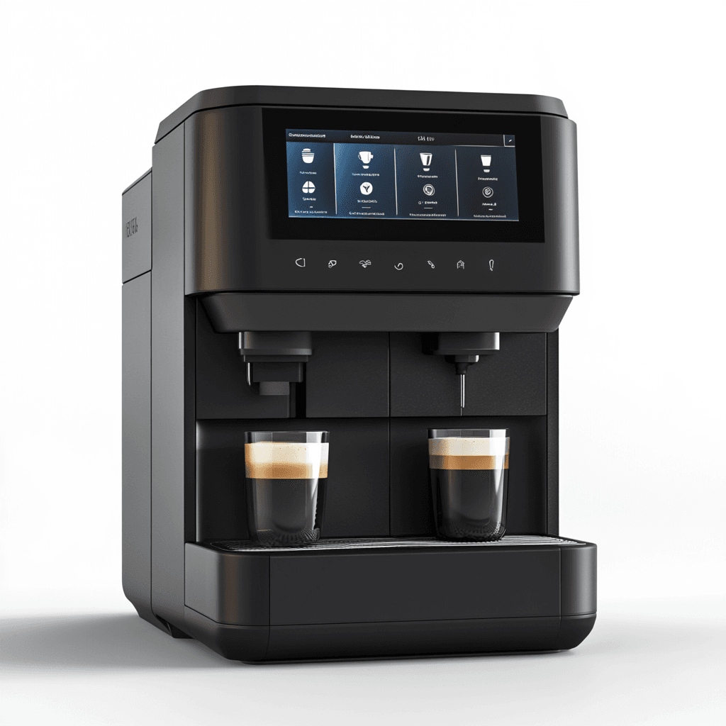 Kaffeemaschine mit zwei Tassen und Display, schwarz auf weißem Hintergrund.