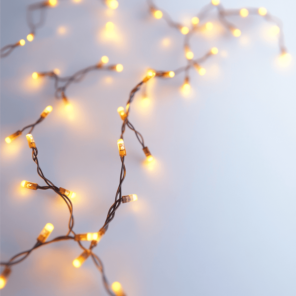 LED-Stränge mit gelbem Licht, an schwarzem Kabel befestigt.