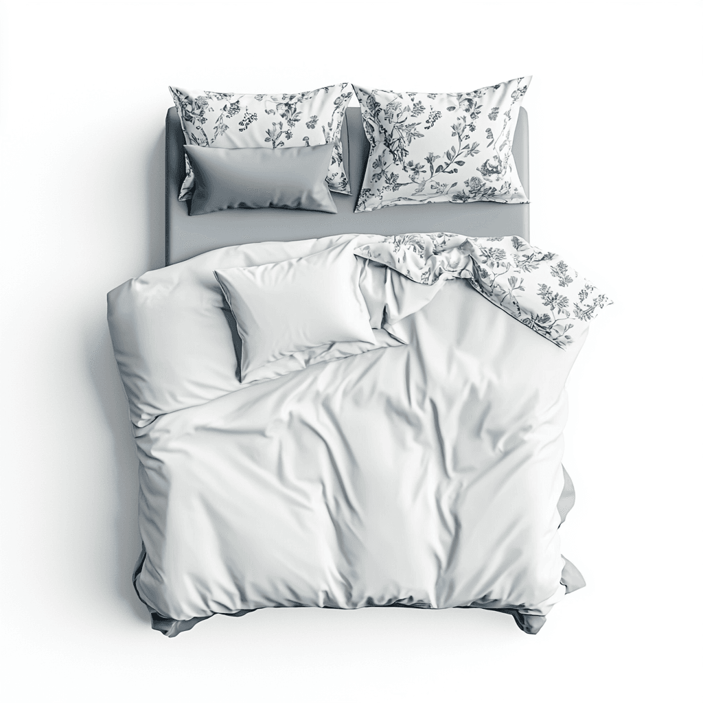 Ein Bett mit weißem Laken und floralen Kissen auf dem Kopfteil.