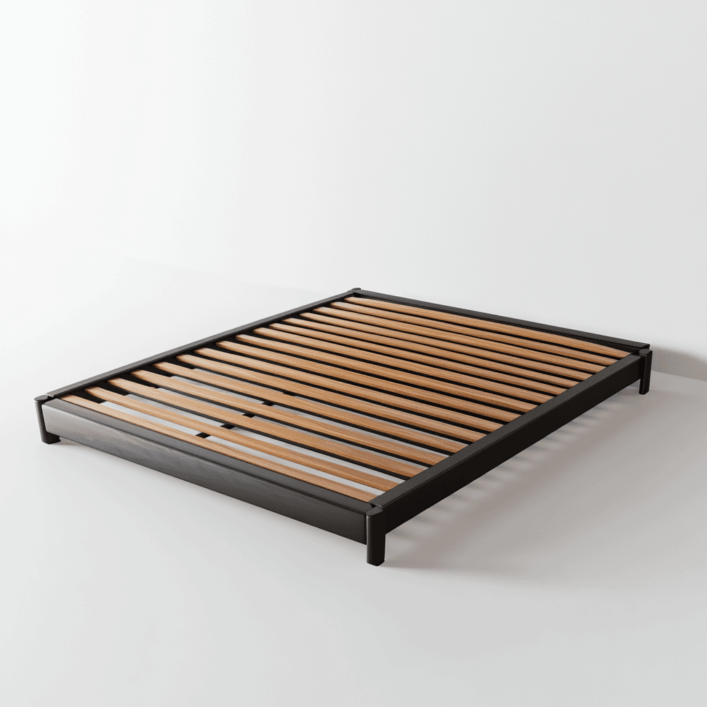 Schwarz-stahlbetgestell mit Holz auf weißem Hintergrund, minimalistischer Stil.
