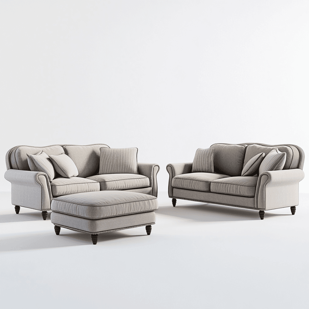 Graues Sofa und Sessel mit zwei Kissen auf dem Sofa, auf weißem Hintergrund.