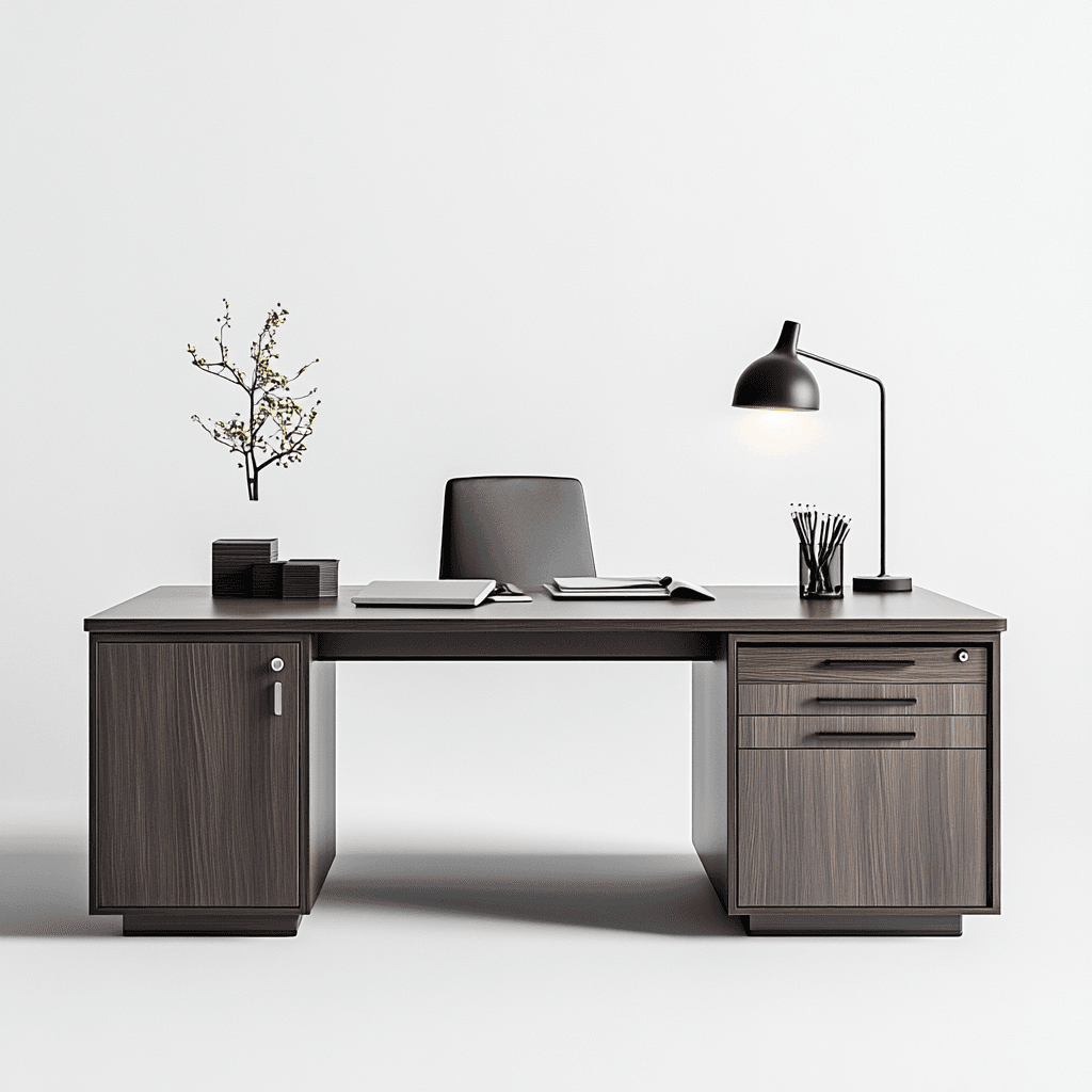 Schreibtisch mit Stuhl, Computer und weiteren Arbeitsmaterialien.