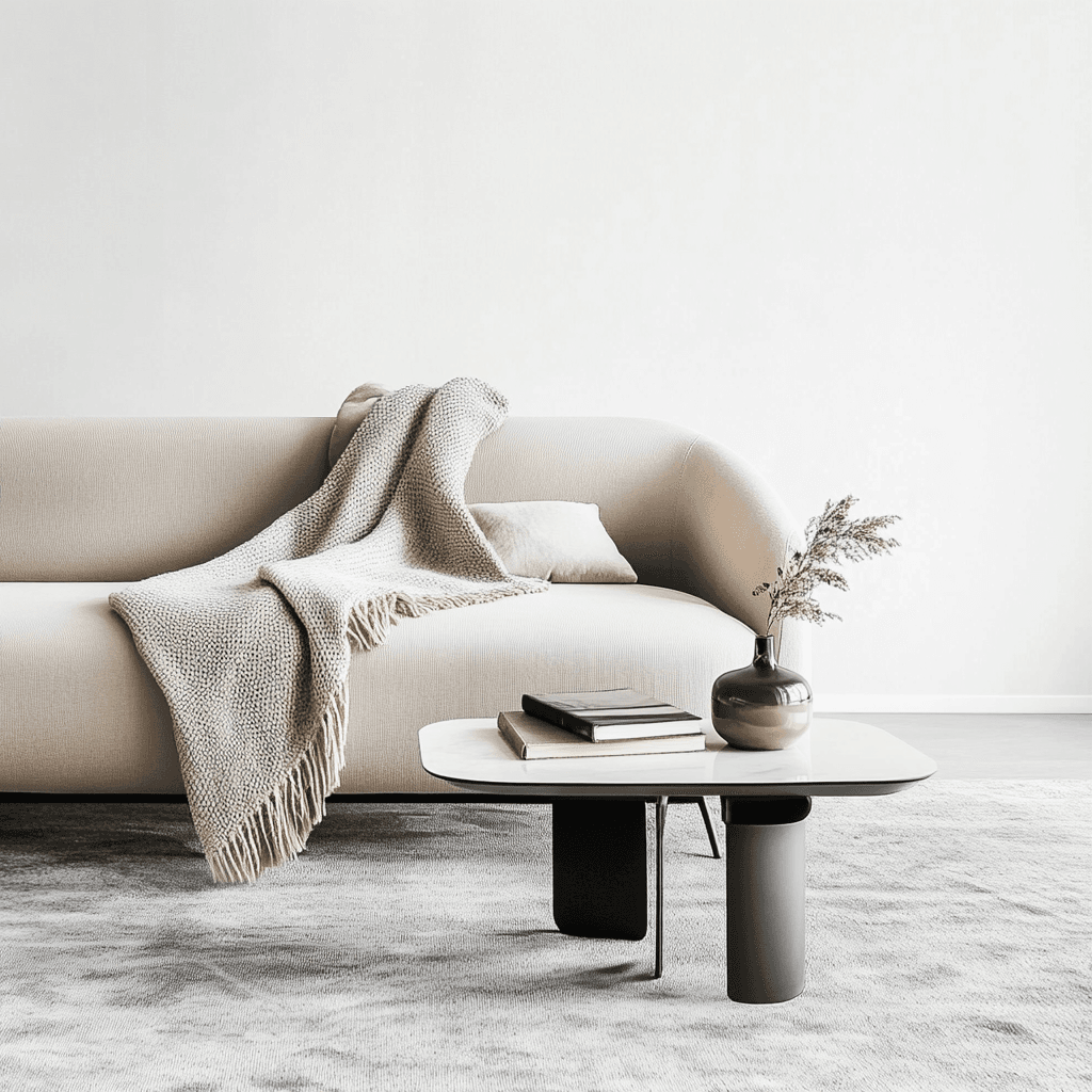 Eine couch und ein couchtisch auf dem eine Pflanze steht.