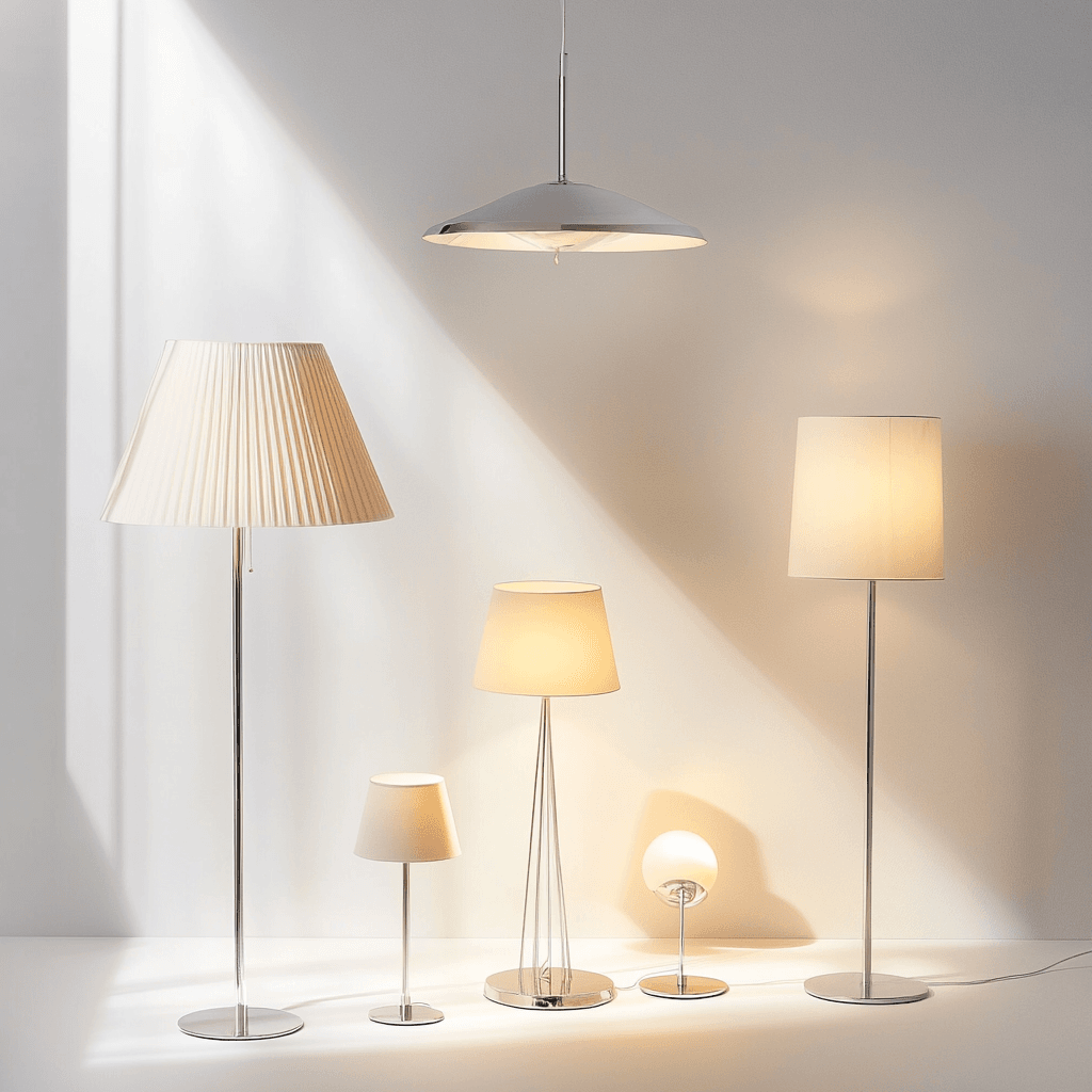 Zahlreiche Lampen die nebeneinander aufgestellt sind.