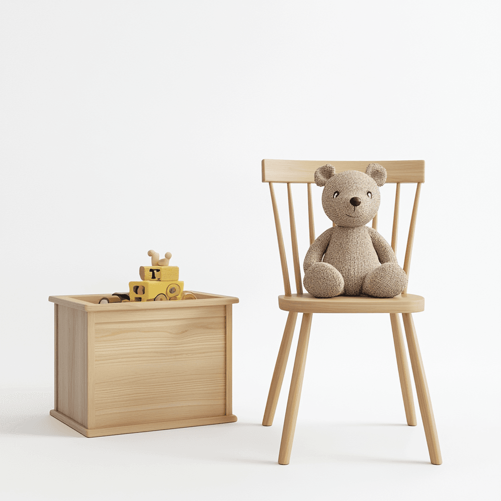 Teddybär auf einem Stuhl neben einer Spielzeugkiste.