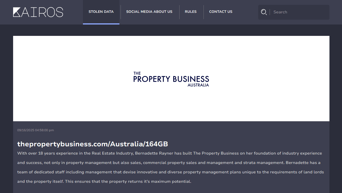 Exclusive: The Property Business Australia allegedly breached by Kairos ransomware