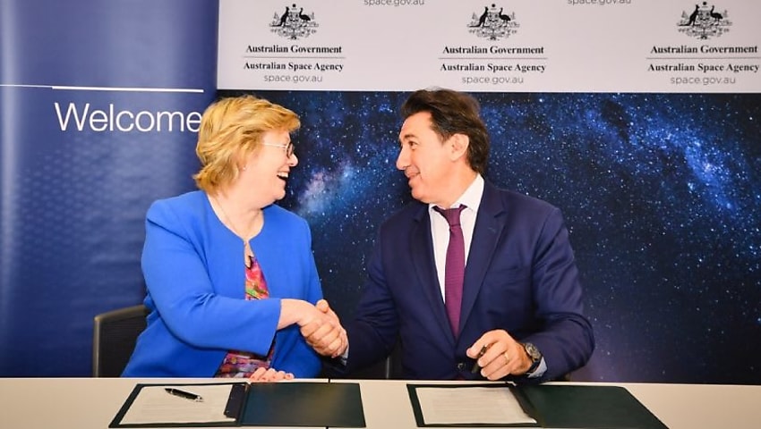 dr megan clark head of the australian space agency pierre jaffre president asia pacific airbus source supplied