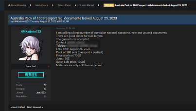 100 Australian passports for sale on hacking forums in apparent data breach