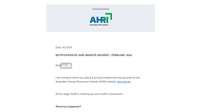 Australian Human Resources Institute warns customers of cyber attack