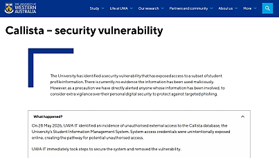 Student data compromised in second University of Western Australia data breach in 6 months
