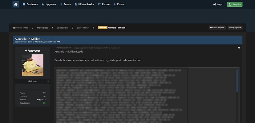 14m Australian emails and addresses for sale on clear web hacking forum