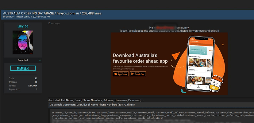 Exclusive: Aussie order-ahead app Hey You hit by an alleged data breach affecting more than 100k