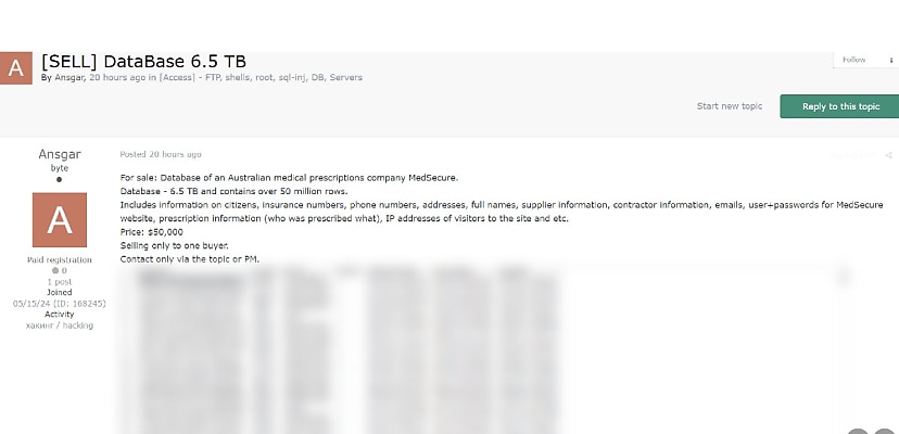 Exclusive: Stolen MediSecure data posted for sale on Russian hacking forum