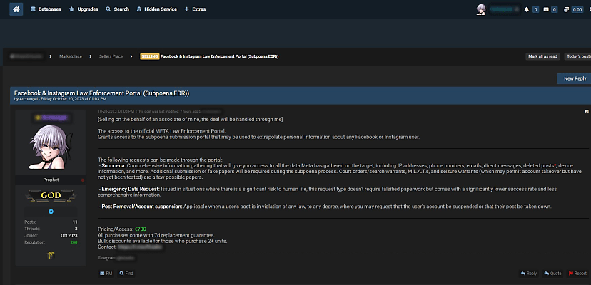 Access to Meta’s law enforcement portal for sale on hacking forum