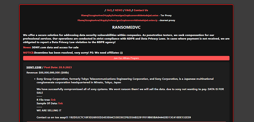 Ransomed.vc group claims hack on “all of Sony systems”