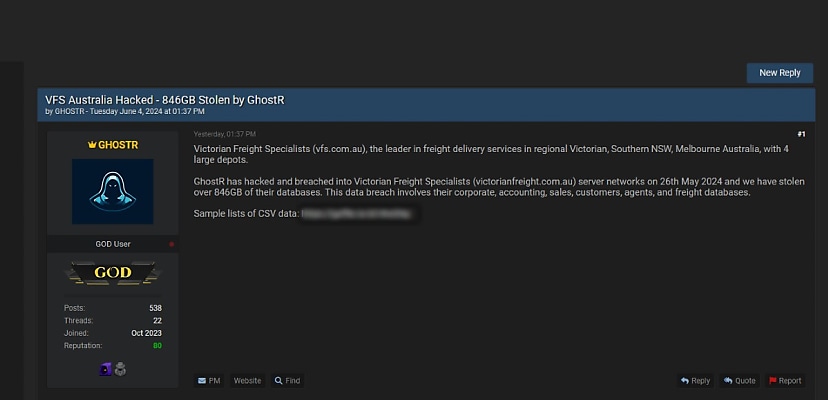 Victorian Freight Specialists suffers alleged 800+GB data breach