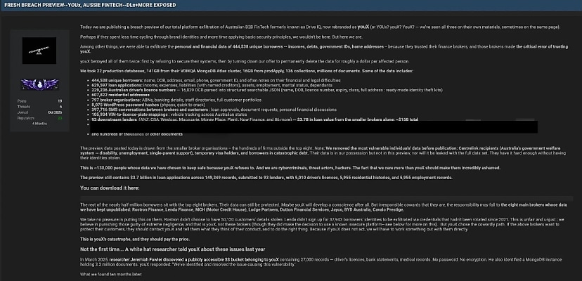 Aussie FinTech platform YouX confirms data breach as hacker shares massive dataset online