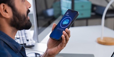 man using AI app reb dskh0r