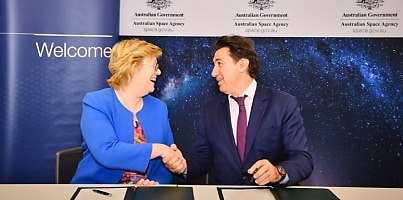 Dr Megan Clark Head of the Australian Space Agency Pierre Jaffre President Asia Pacific Airbus Source Supplied