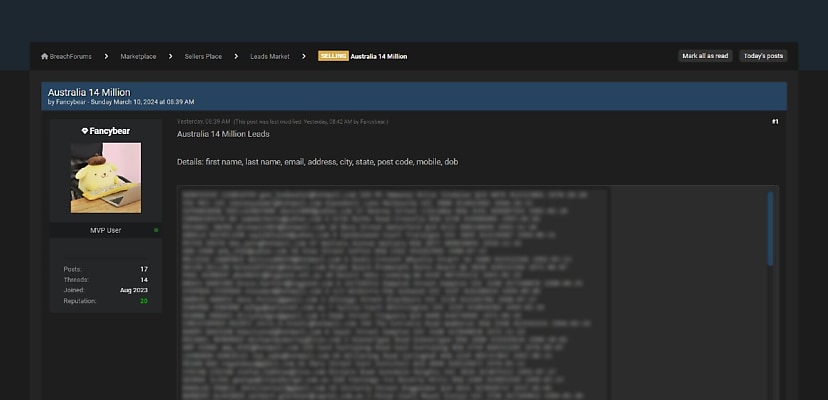 14m Australian emails and addresses for sale on clear web hacking forum