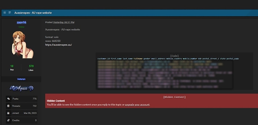 Hacker claims to leak more than 650k customers of Aussie Vapes store