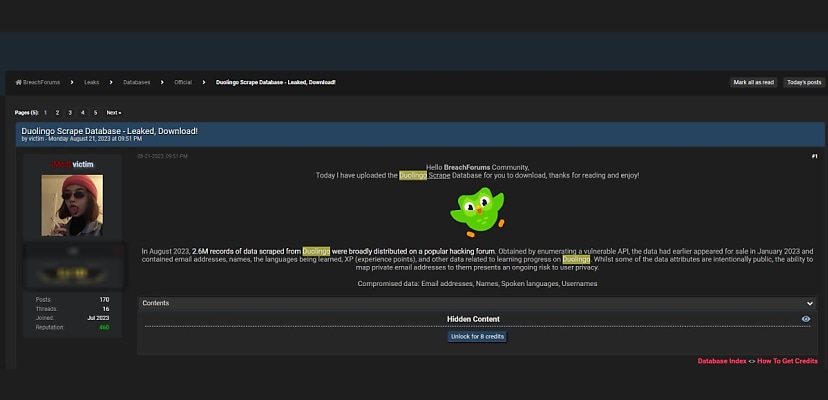 2.6m Duolingo datasets leaked on hacking forum, practically for free