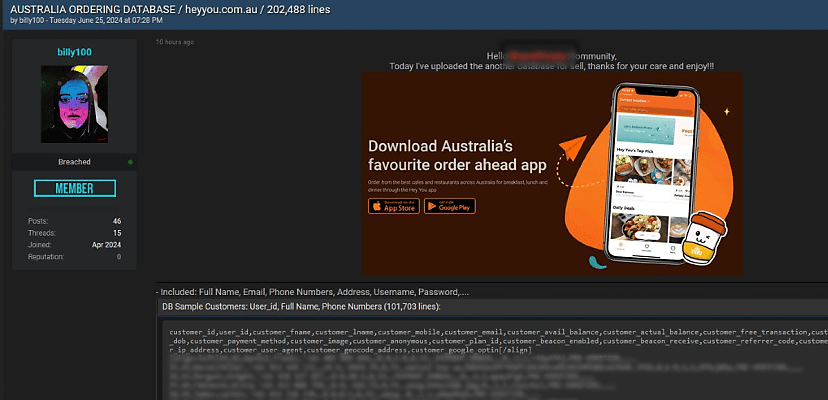 Exclusive: Aussie order-ahead app Hey You hit by an alleged data breach affecting more than 100k
