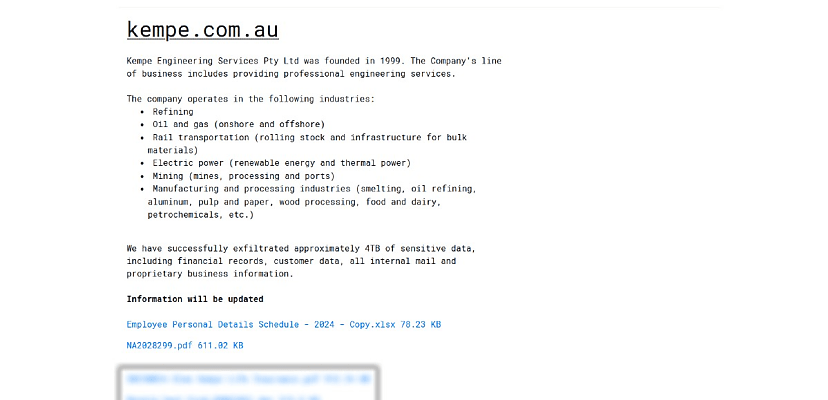 Exclusive: Victorian firm Kempe Engineering listed on RansomHub leak site