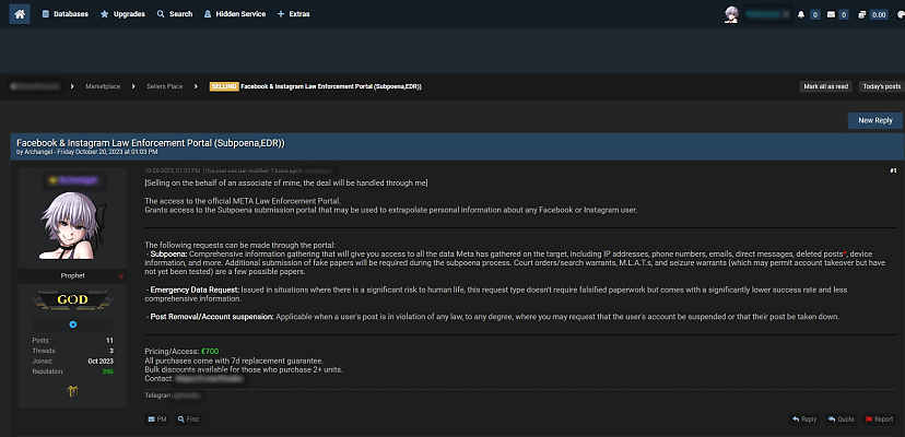 Access to Meta’s law enforcement portal for sale on hacking forum