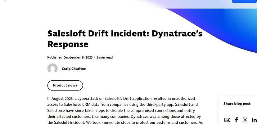 Dynatrace adds itself to list of companies affected by Salesloft Drift compromise