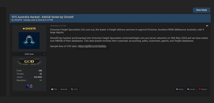 Victorian Freight Specialists suffers alleged 800+GB data breach