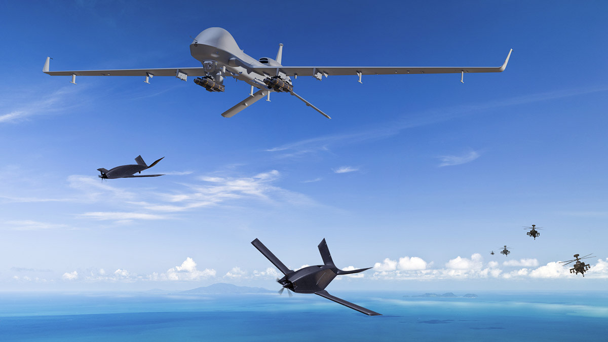 Photo caption: Artist rendering of Gray Eagle 25M and Eaglet aircraft in a manned-unmanned teaming exercise.