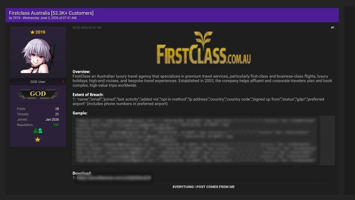 Exclusive: Hacker claims breach of Aussie travel agency, FirstClass, 53k customers potentially impacted