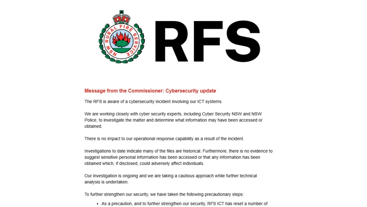 Exclusive: NSW Rural Fire Service warns members of ‘cyber security incident’