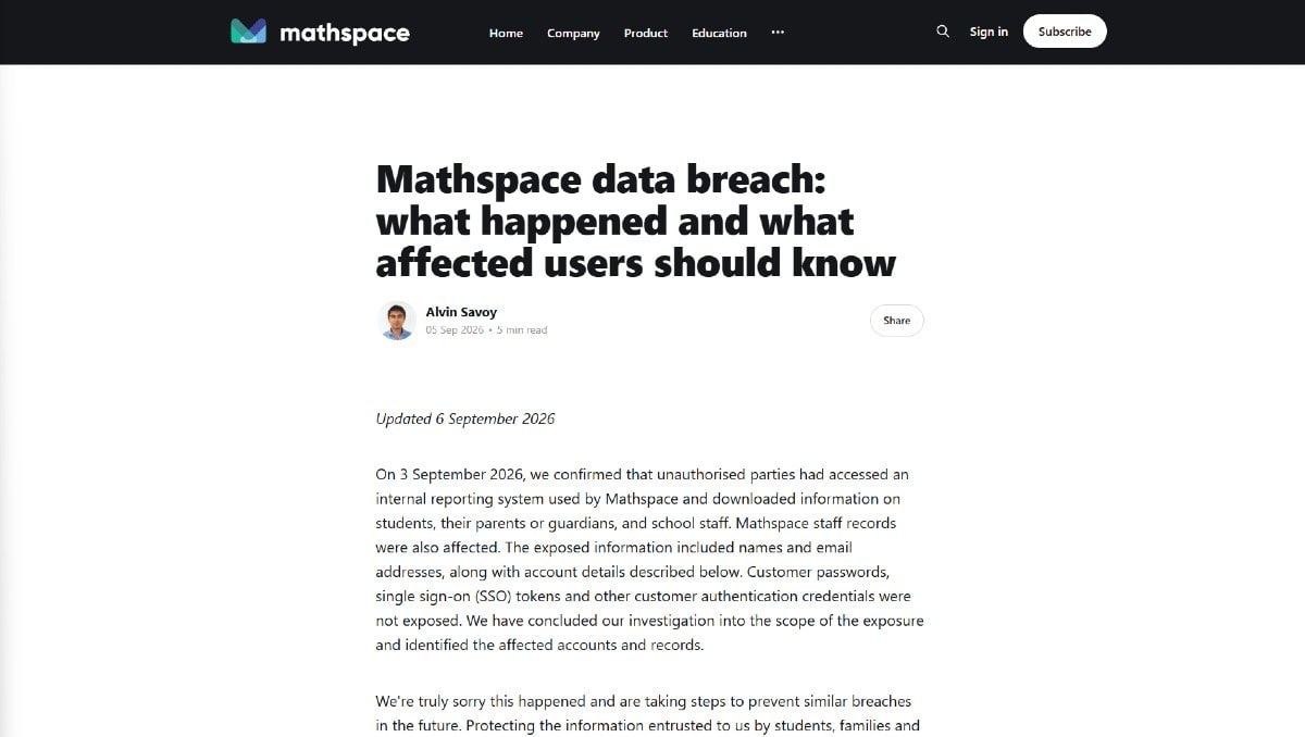 Mathspace Data Breach Affects Over 1 Million Users in Australia and NZ