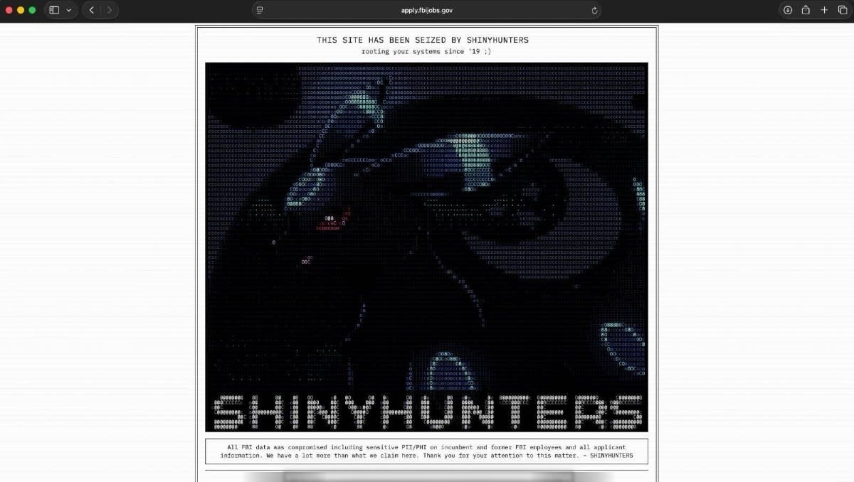 Photograph accompanying ShinyHunters says it defaced the FBI's careers portal over a Q2 FLASH report