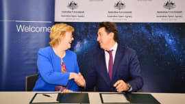 dr megan clark head of the australian space agency pierre jaffre president asia pacific airbus source supplied