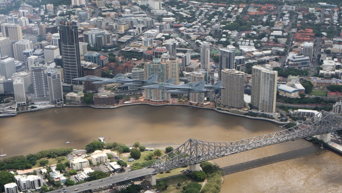 Australia's F/A-18F Super Hornets over Brisbane City.Australia is acquiring 24 Block II F/A-18F Super Hornets as a bridging air combat capability during the transition to the F 35 Joint Strike Fighter. The F/A-18F Super Hornet (Rhino) is a true multi-role aircraft that spans the air combat spectrum, including maritime strike which is vital for Australia.The Super Hornets will be progressively introduced to their new home at Royal Australian Air Force Base Amberley throughout 2010 and 2011.