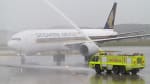 An Airservices ARFF monitor cross welcomes Singapore Airlines' inaugural flight to Canberra. (Gerard Frawley)