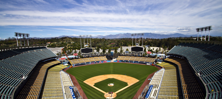 Playing catch from the right field pavilion at Dodger Stadium