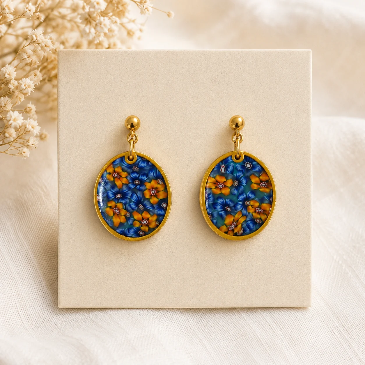 Z-Florale Rund – Blau & Gelb – Ohrringe