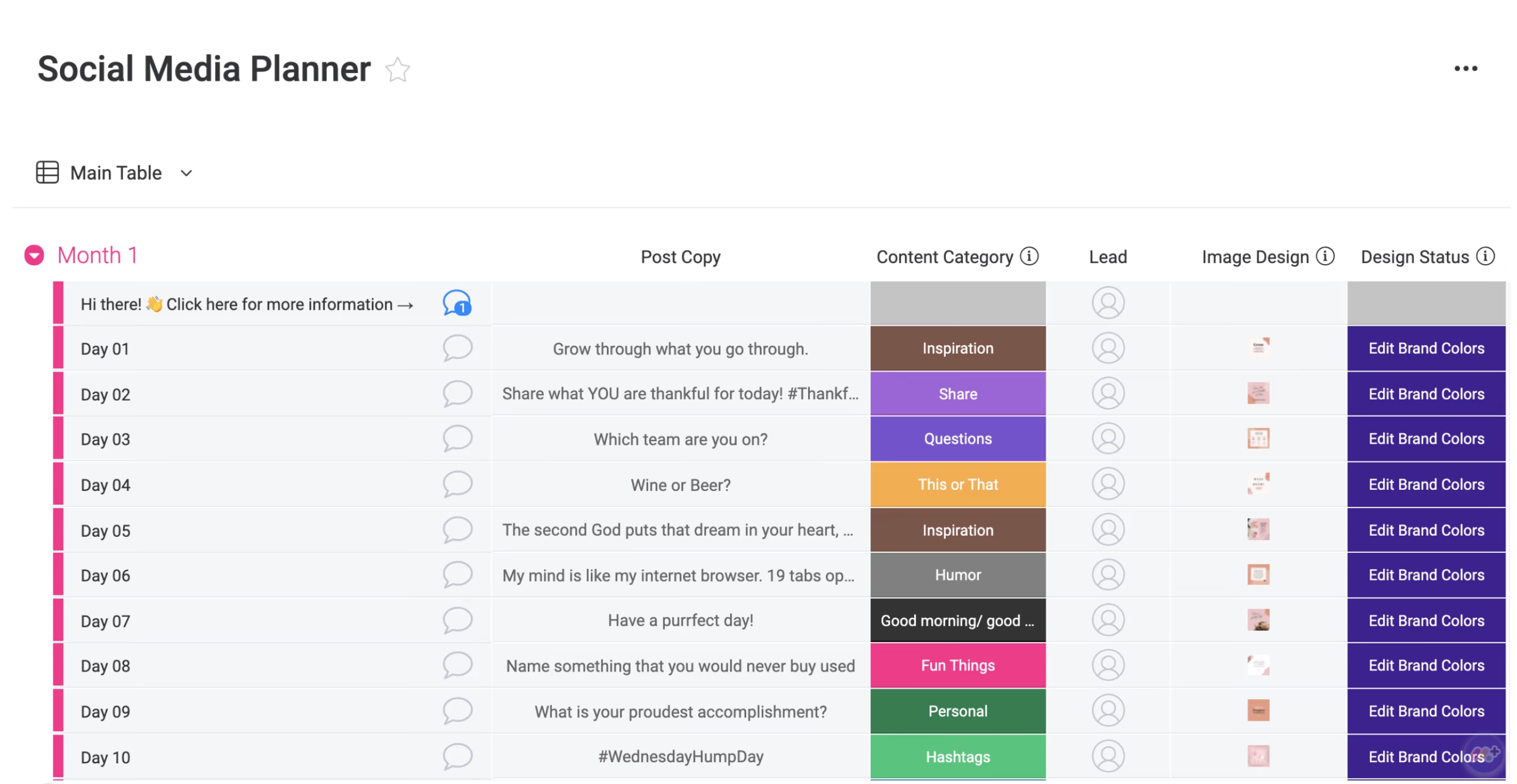 Monthly Social Media Calendar