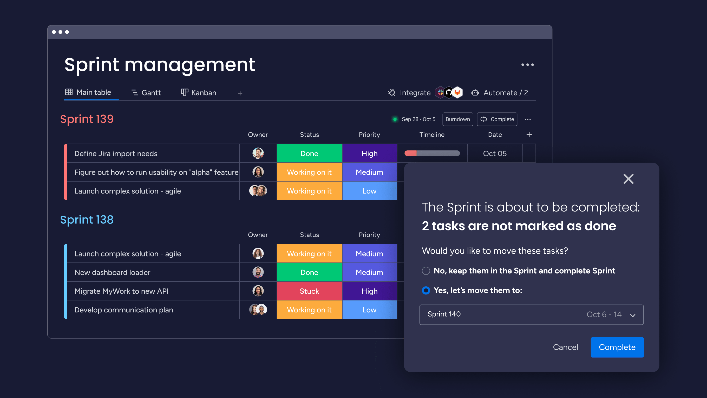 sprint management board in monday dev that represents agile velocity and other sprint tracking methods