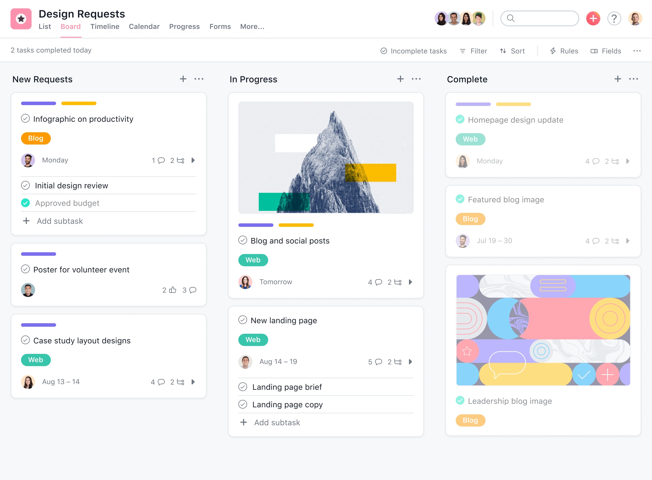 Asana kanban dashboard view with cards in columns