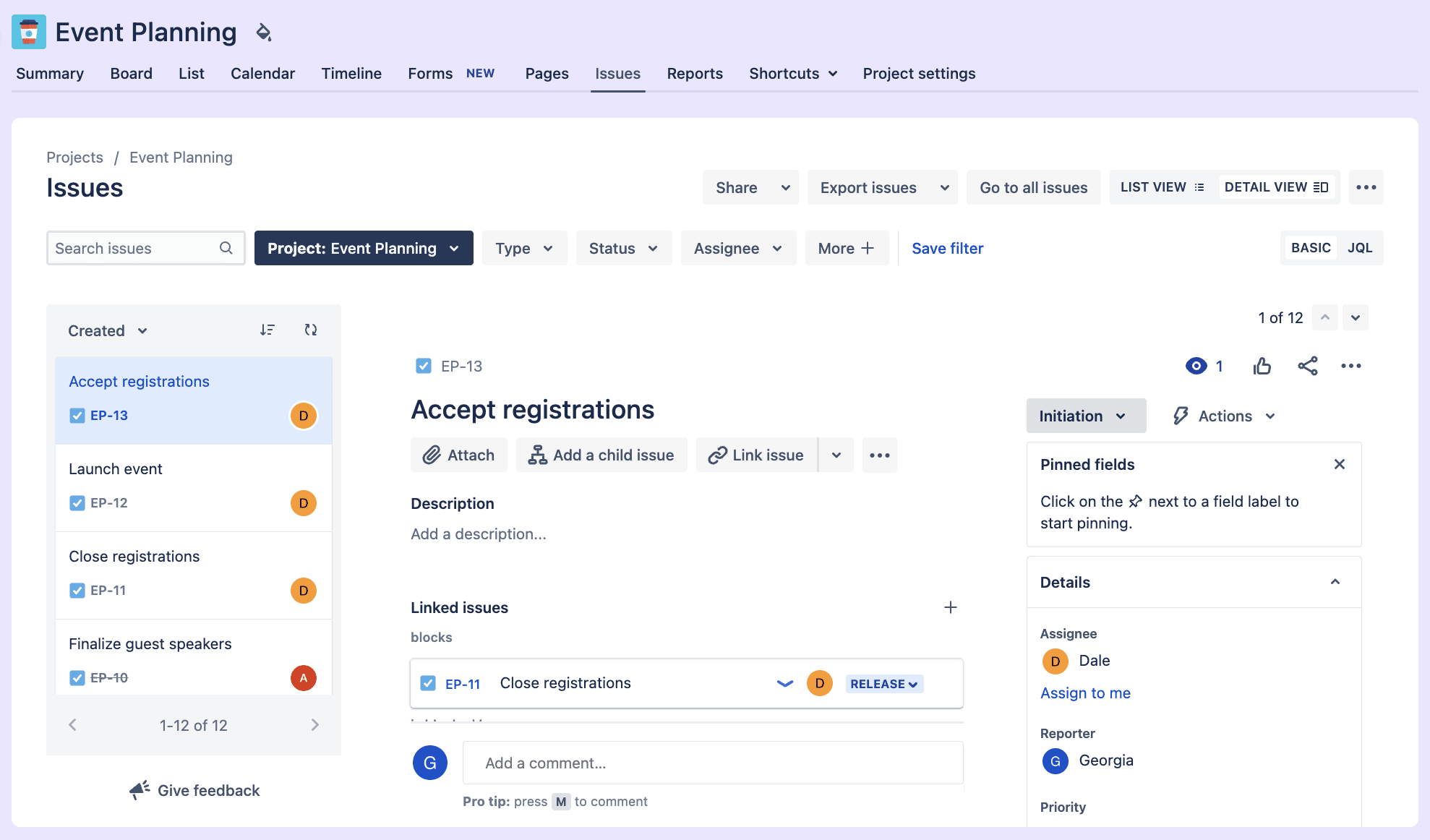 example of issues management in Jira