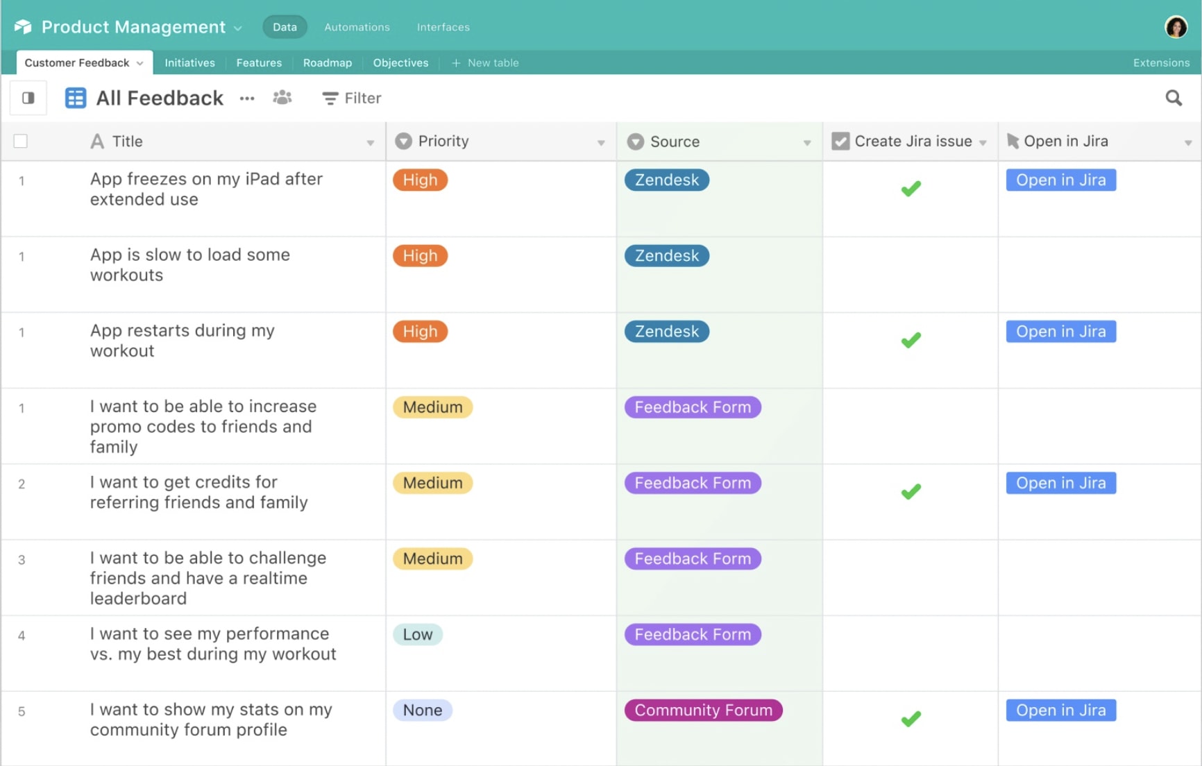 Airtable spreadsheet view with different columns