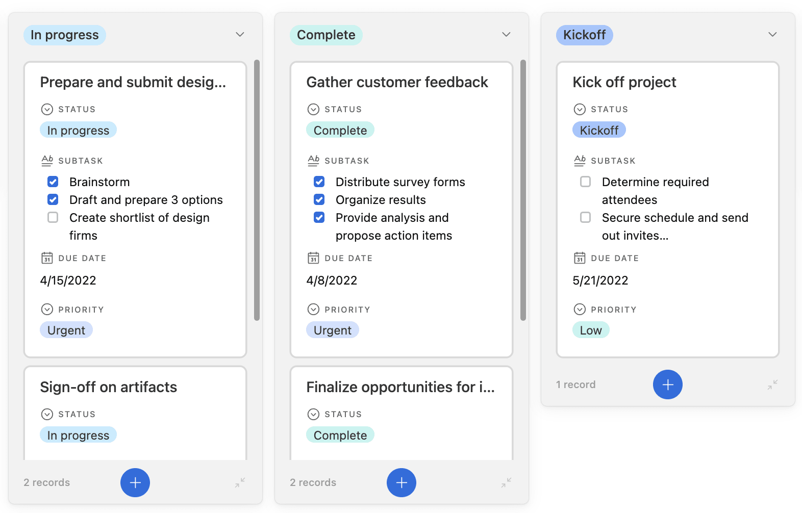 Airtable board with subtasks